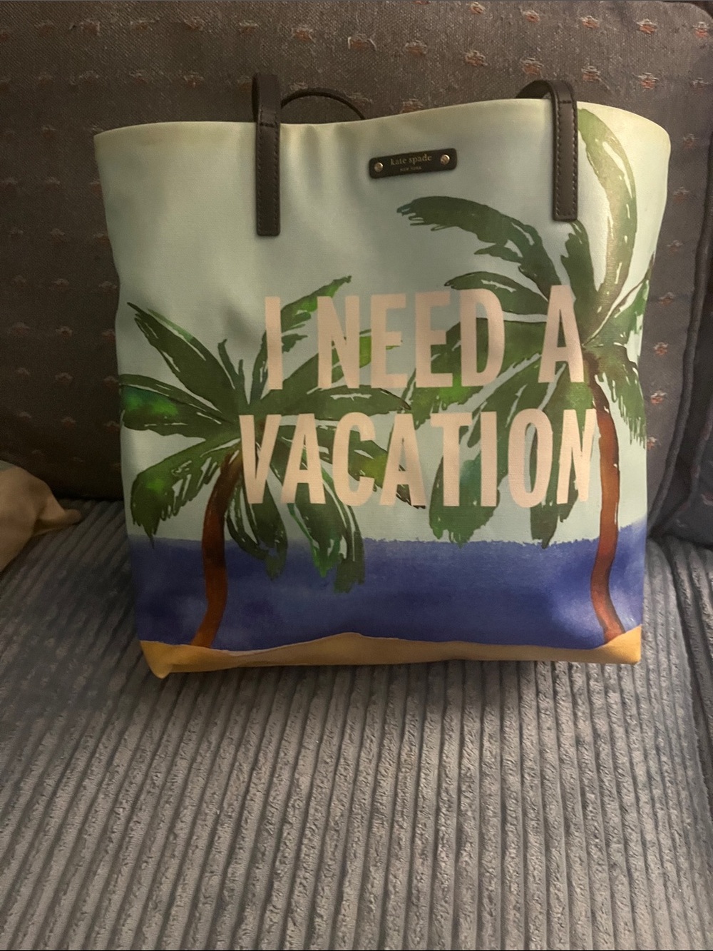 kate spade canvas tote in light blue, green & navy with palm graphic